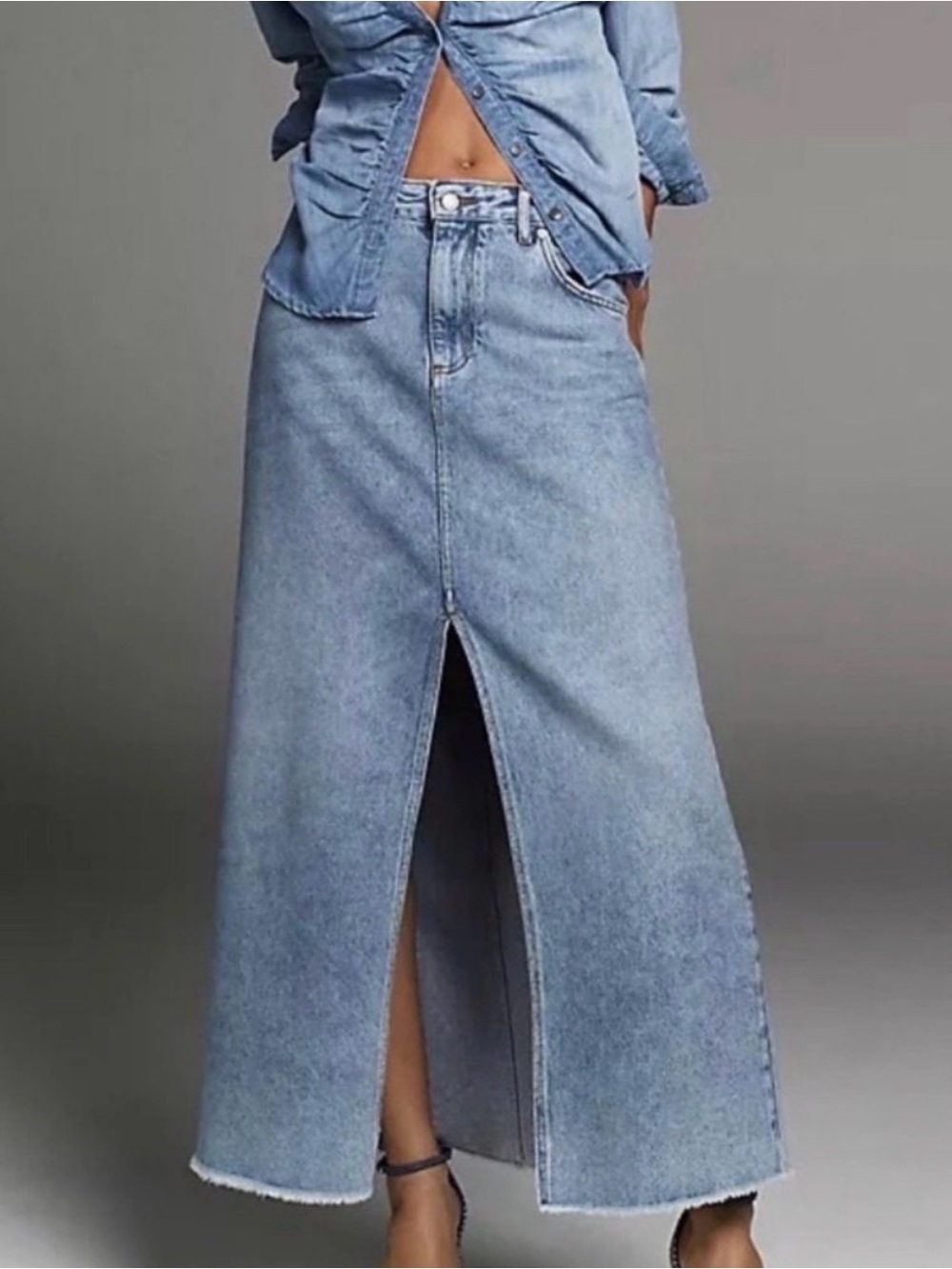 Pilcro Light Blue Denim Maxi Skirt with Center Front Slit